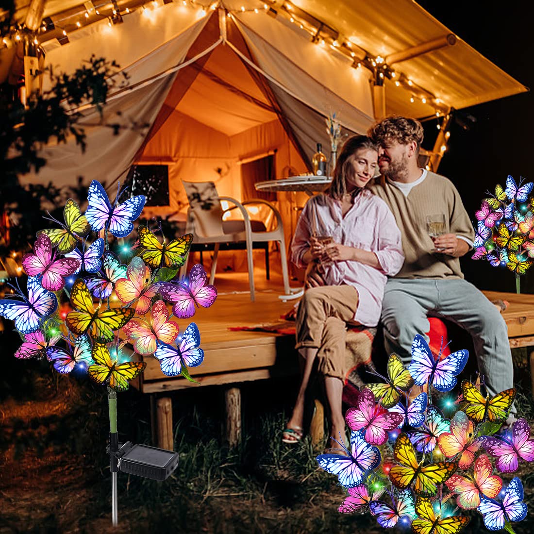 Adecorty Solar Garden Lights Outdoor Waterproof Decorative Solar Lights Outdoor 2 Pack with 44 LED 34 Butterfly Flower Garden Decor Yard Patio Lawn, Gifts for Mother's Day Mom Women