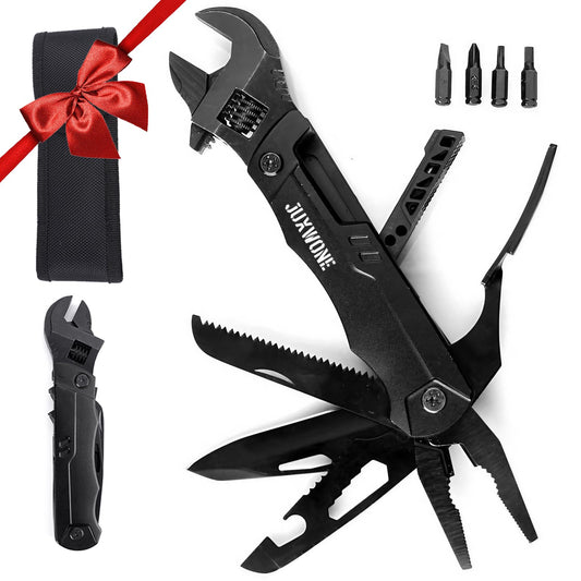 JUXWONE 19-in-1 Multitool Wrench – Stainless Steel Adjustable Wrench with Pliers, Knife, Wire Cutter, Saw, Screwdrivers – Compact EDC Pocket Tool for Camping, DIY Repairs, Gift for Men