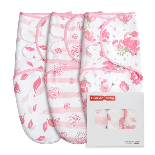 GLLQUEN BABY Girl Swaddles 0-3 Months - 3 Pack Baby Swaddles Sack for Newborn, Infant Sleep Sack, Easy Swaddling Wrap, A Pink Floral, Nursery Swaddle Blankets Essentials