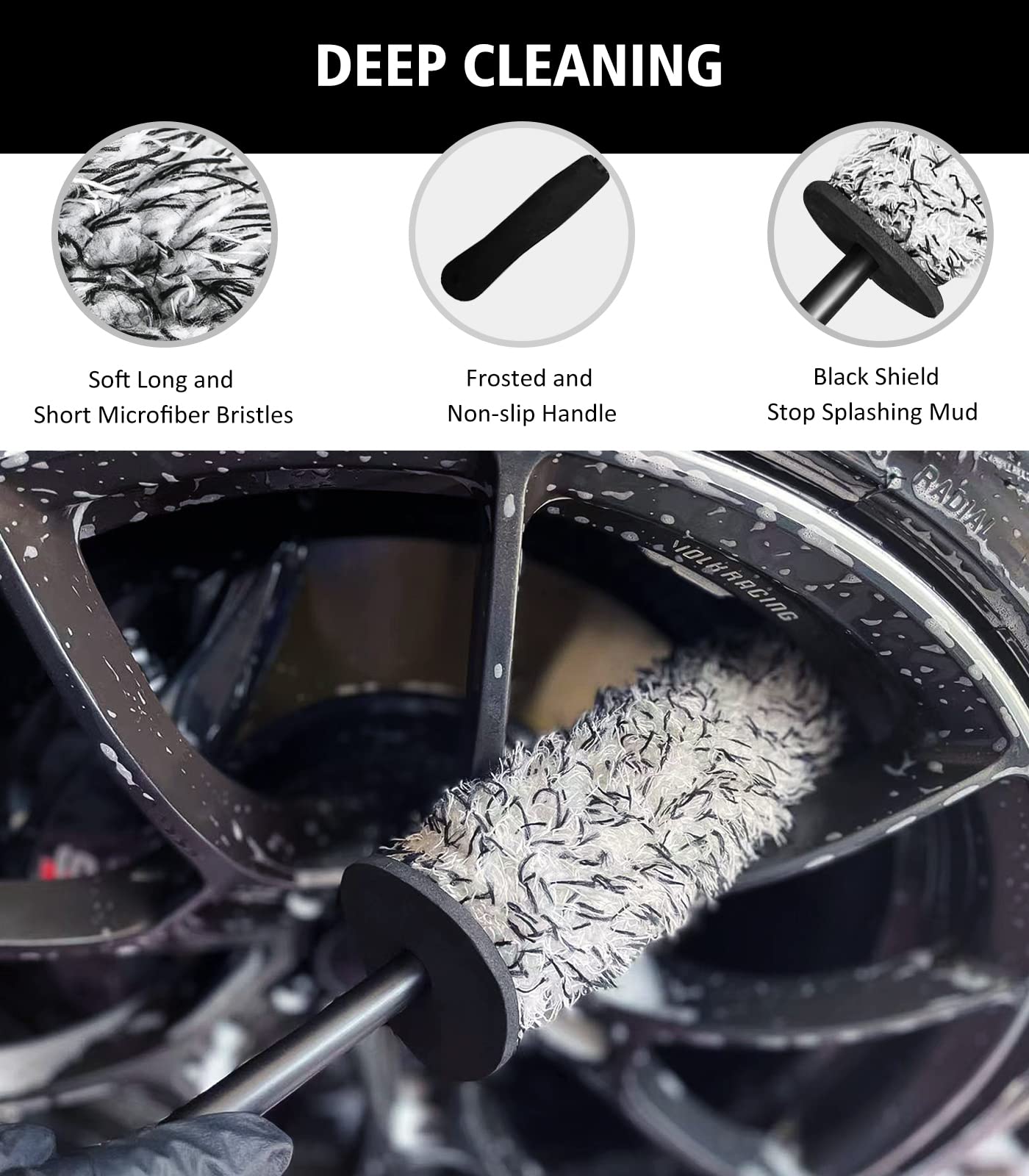 YeewayVeh 4Pack Car Wheel Cleaning Kit, Bendable Wheel Brush and Microfiber Rim Cleaner Brush, Tire Brush and Car Detailing Brush, Soft & No-Scratch Car Wheel Rim Brush Set for All Wheel Types, Red