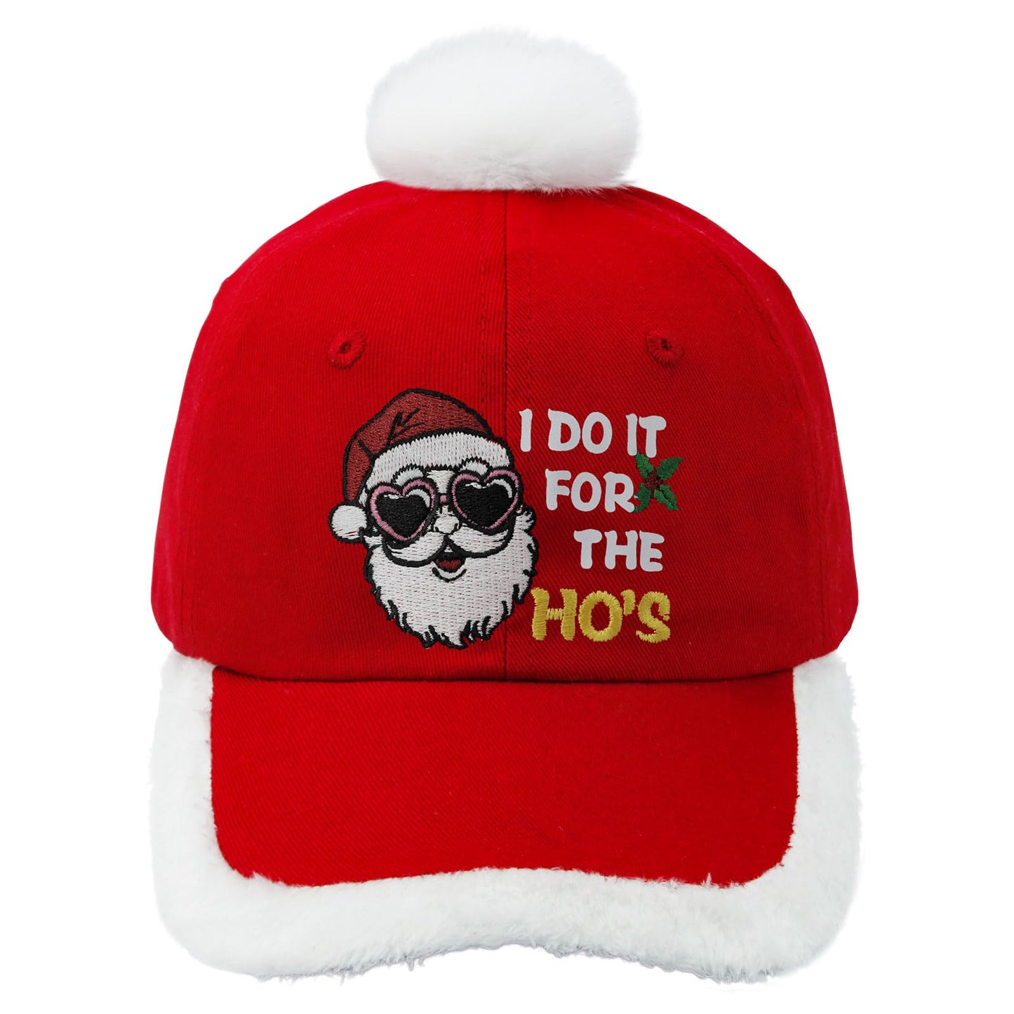 LOTBTRII Santa Hat Embroidered I Do It for The Ho's Funny Inappropriate Christmas Men Women Santa Baseball Cap with Fuzzy Fur Pom