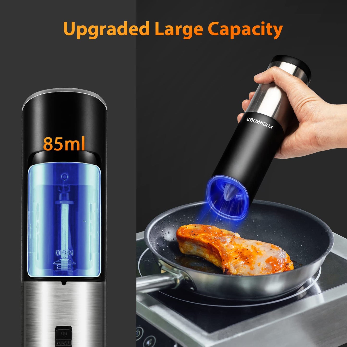 Kochnors USB Rechargeable Pepper Grinder, Gravity Electric Pepper Grinder with 6 Level Adjustable Coarseness, One Handed Operated Salt and Pepper Grinder for Kitchen, Restaurant and BBQ