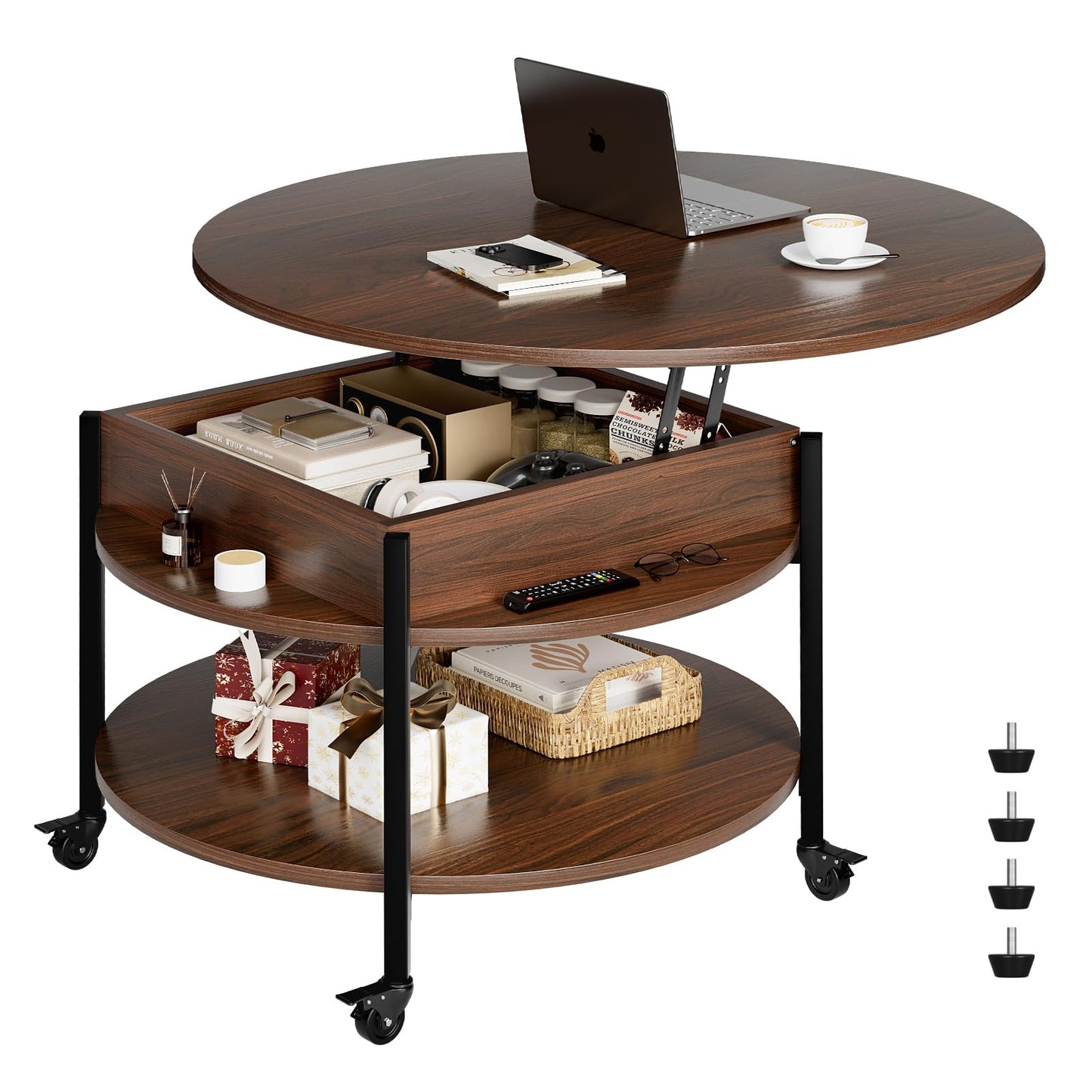 FABATO Round Lift Top Coffee Table With Wheels, 26.77'' Rolling Center Table With Storage and Compartment for Living Room, 2 Tier Small Circle Dining Table, Espresso