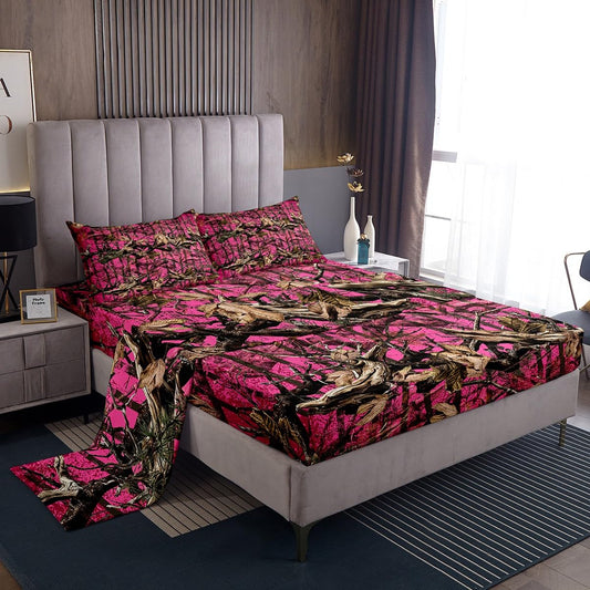 Feelyou Pink Camouflage Bed Sheets Set Full All Purpose Camo Sheet Set for Hunters Cabin or Rustic Lodge Rustic Farmhouse Sheets with Deep Pocket Fitted Sheet The Woods Camouflage Bedding Set