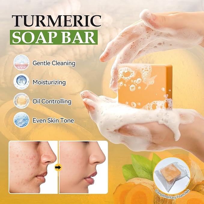 Turmeric Skin Care Set with Vitamin C, Turmeric Skincare Set Christmas Gifts for Women, Skin Care Kit for Anti-Aging Hydrating, Skincare Gift Set with Turmeric Soap Bar & Scrub, Turmeric Oil & Cream