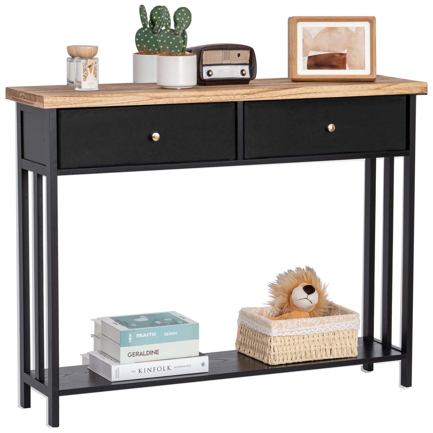 FLYJOE Solid Wood Console Table with 2 Fabric Drawers, 42" Entryway Table with Storage Shelves, Sofa Table for Entryway, Hallway, Living Room, Kitchen or Behind Couch in Foyer, Black