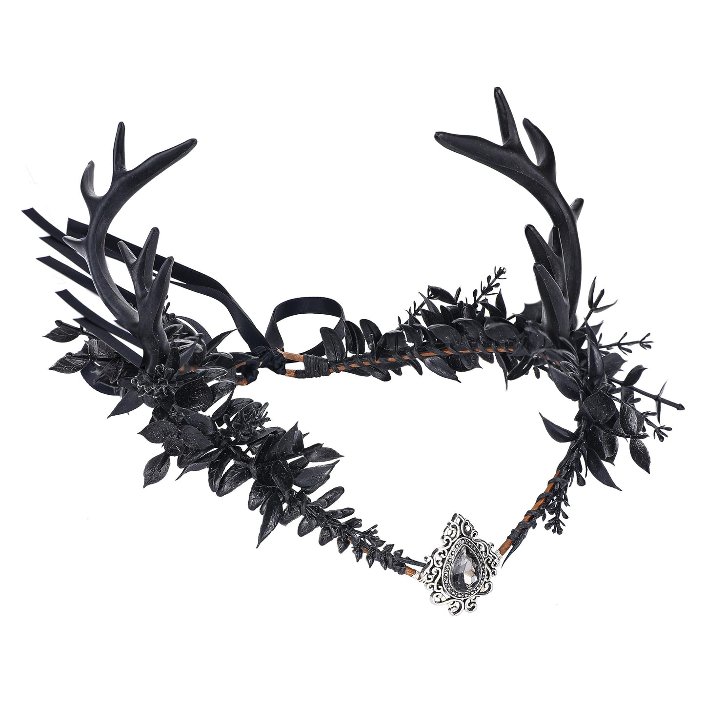 MOSTORY Black Flower Antler Crown - Dark Reindeer Headpiece Gothic Elf Circlet Deer Horns Headband for Women Cosplay Renaissance Goth Wedding Renfaire Accessory