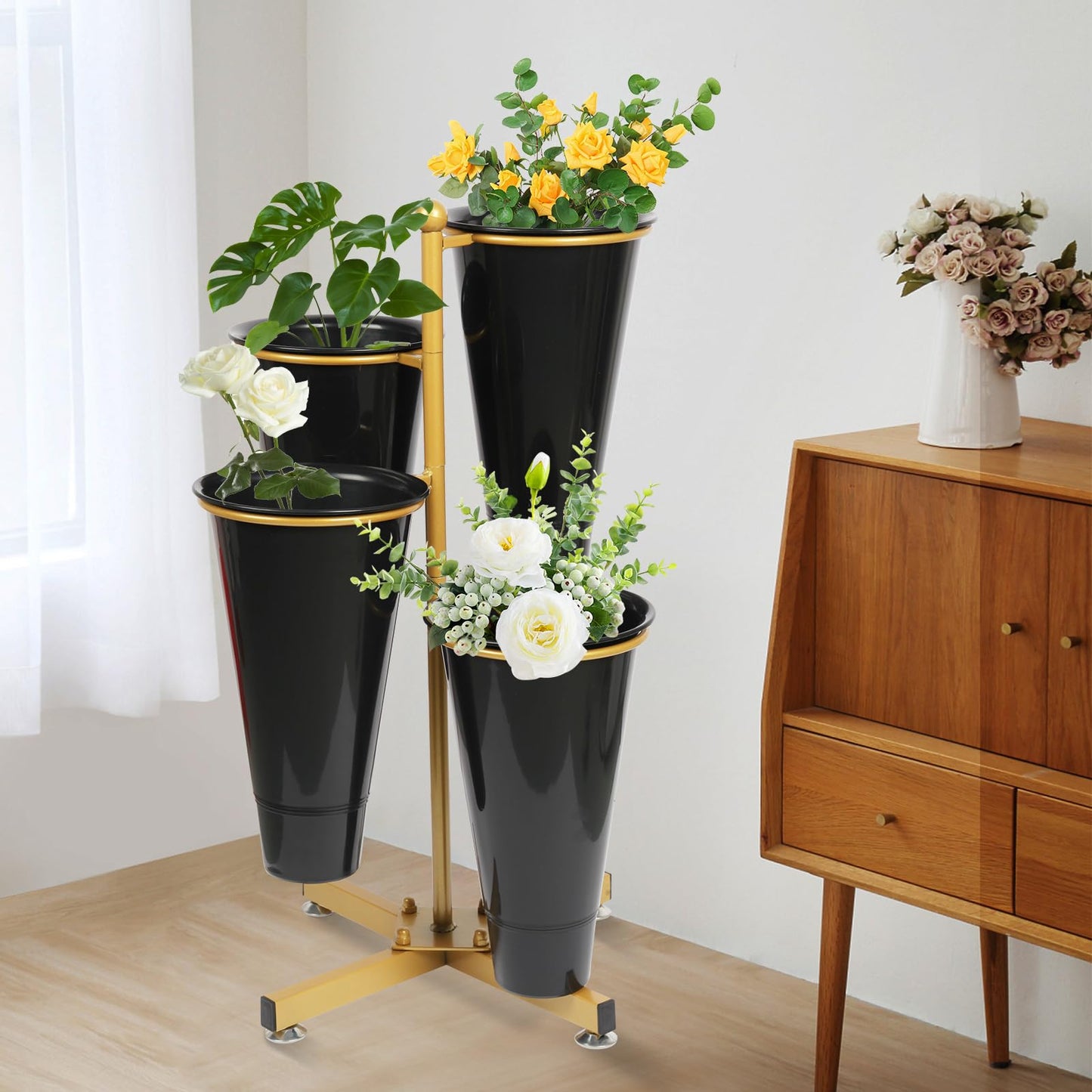 Flower Display Stand with 4 Bucket,Floral Stand with Foldable Frame for Silk Fresh Flowers,4 Tier Florist Shelf Plant Cart for flower shop Garden Living Room,Easy to Install (Gold Shelf+ Black Bucket)