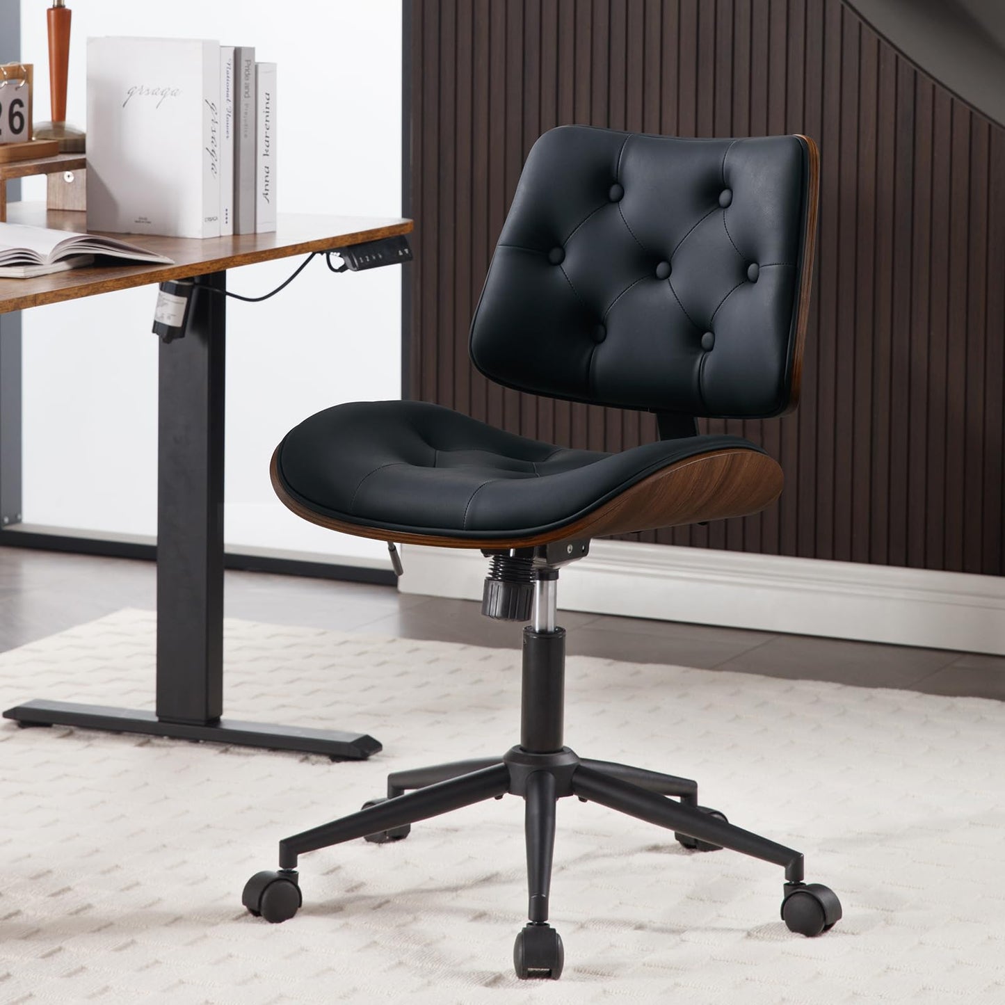BERYTH Armless Home Office Chair with Wheels, PU Leather Adjustable Height Computer Desk Chair, 360 Swivel Small No Arms Chair, Modern Button Walnut Style for Office, Reading Meeting Room(Black)