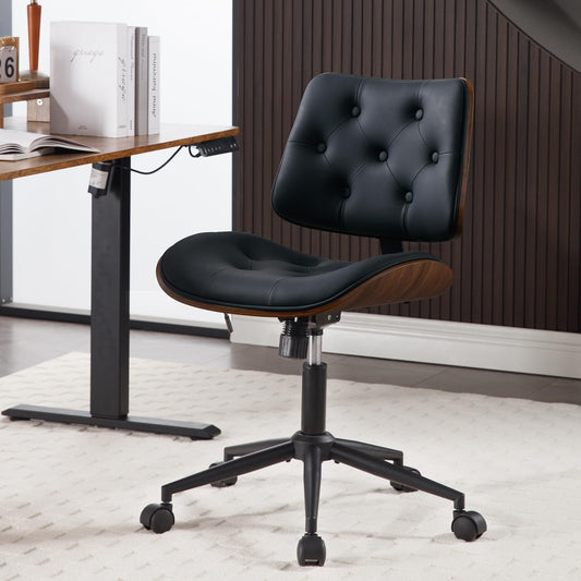 BERYTH Armless Home Office Chair with Wheels, PU Leather Adjustable Height Computer Desk Chair, 360 Swivel Small No Arms Chair, Modern Button Walnut Style for Office, Reading Meeting Room(Black)