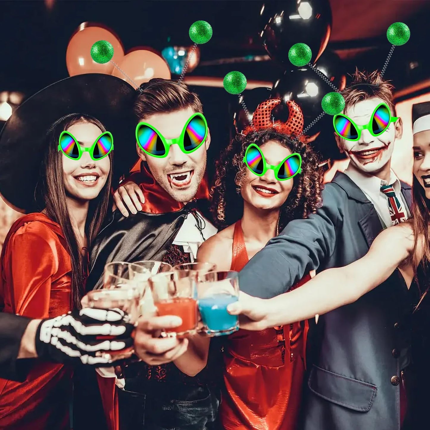 GDZRDFLH 12pcs Alien Headband Glasses and Martian Antenna Halloween Party Accessories Rainbow Lens Sunglasses Antenna Headband Boppers for Halloween Alien Theme Party