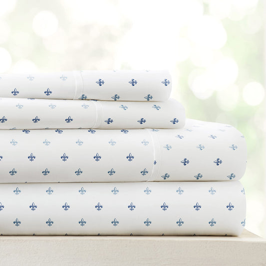Linen Market Double-Brushed Patterned Microfiber Queen Sheet Set 4 Piece – Oeko-TEX Certified Ultra Soft & Wrinkle-Free - 16" Deep Pocket Sheets - Easy Care Queen Size - Lily Navy