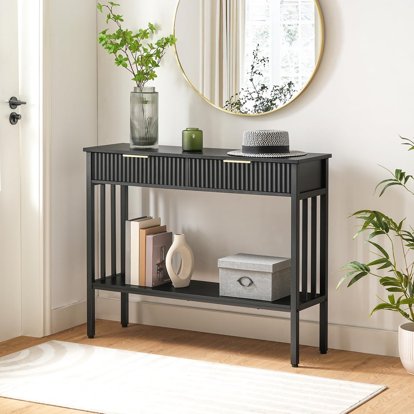 MAHANCRIS Console Table, Narrow Long Entry Table with Storage Shelf, 2-Tier Fluted Entryway Table with 2 Drawers, for Entryway, Living Room, Foyer, Hallway, Office, Black CTHB5101