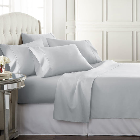 Danjor Linens Bed Sheet Set Full Size for Teens, Hotel Premium Sheets with 4 Pillowcases, Lightweight Brushed Microfiber Deep Pockets, Breathable Cooling 6 Piece Bedding Sets, Light Gray