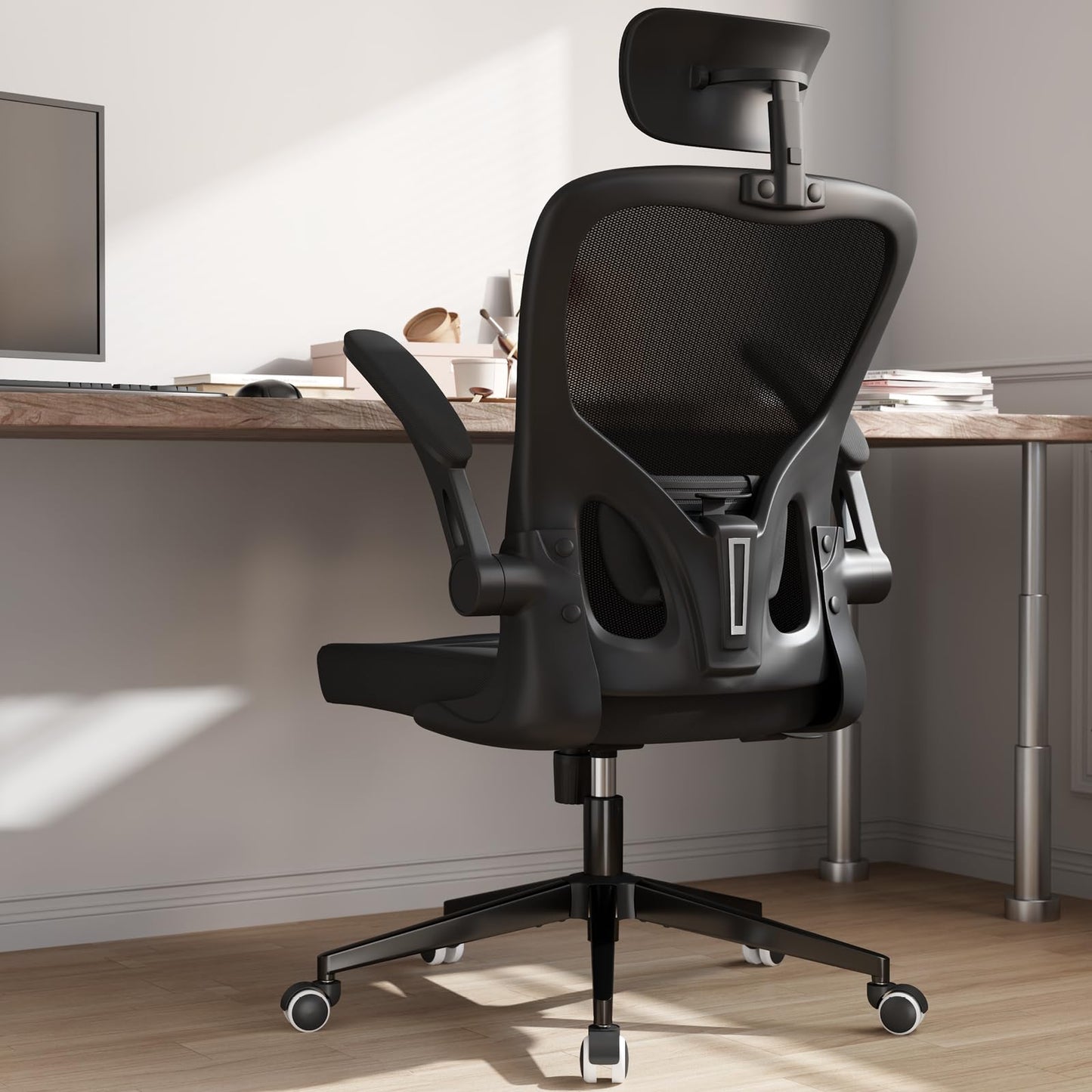 Monhey Office Chair Ergonomic Desk Chair with Lumbar Support&Headrest&Flip-up Arms Height Adjustable Rocking Swivel High Back Computer Chair Black Mesh Study Chair (03All Black)