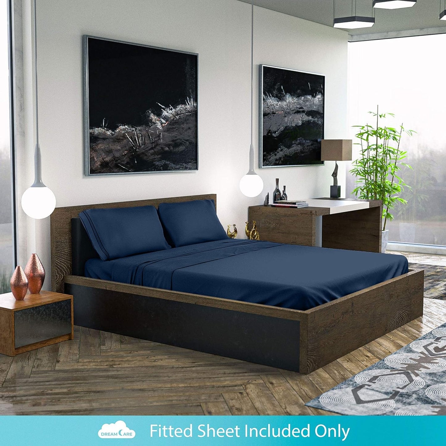 DREAMCARE Queen Fitted Sheet - Extra Deep Pocket Fitted Sheet - Fits up to 21 inch Mattress - Deep Pocket Queen Sheets - Hotel Luxury - Oeko-Tex Certified Sheets - 1 Fitted Sheet Only (Navy Blue