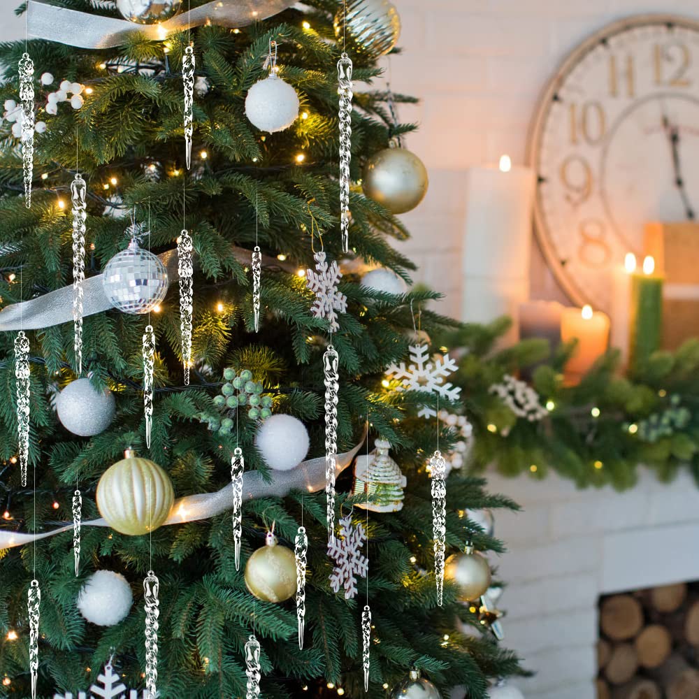 DULEFUN 24pcs Christmas Tree Crystal Decorations 4 Styles Clear Acrylic Xmas Tree Icicle Hanging Ornaments for Christmas New Year Holiday Wedding Winter Party Decor