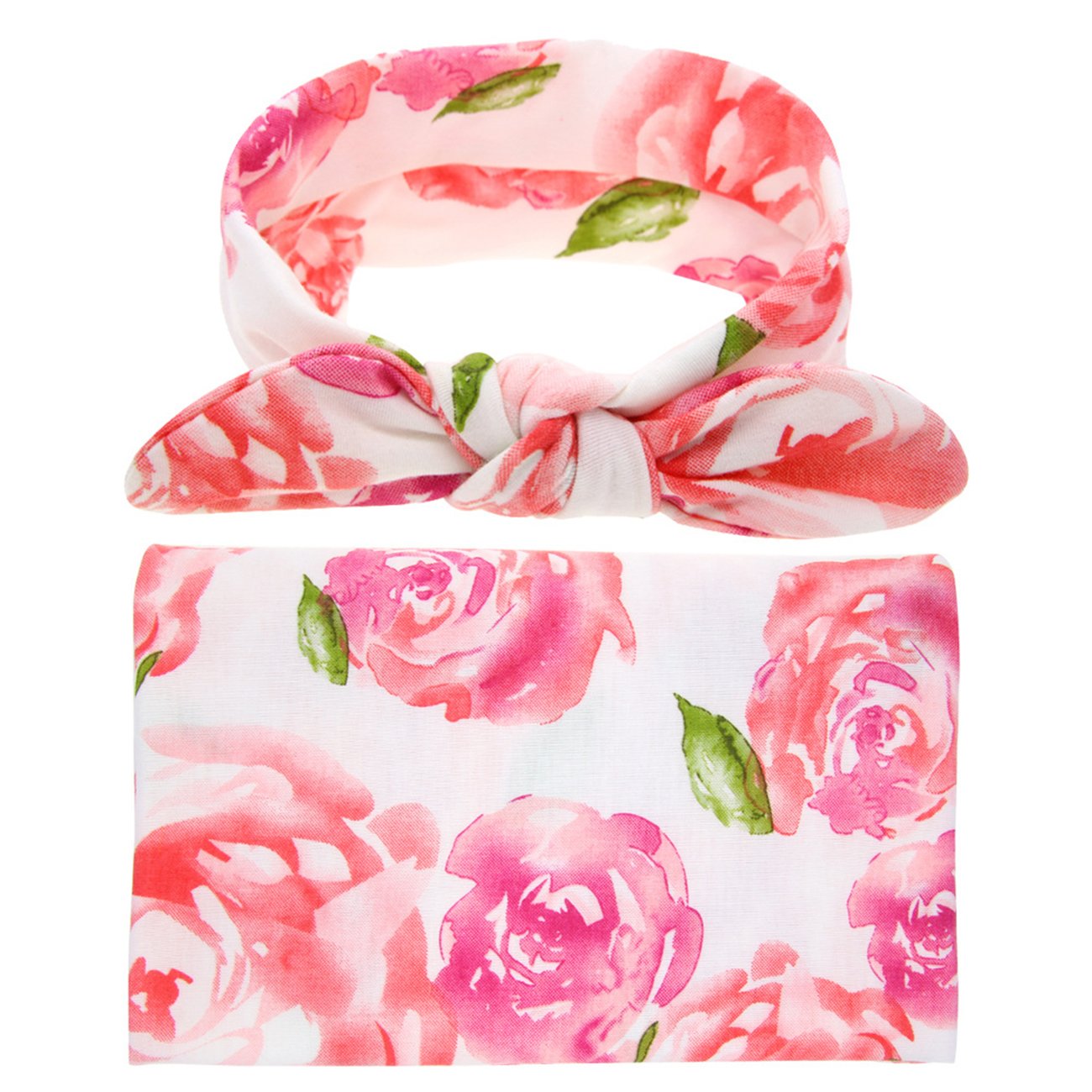 DRESHOW BQUBO 3 Sets Receiving Blanket with Headbands Newborn Baby Floral Printed Baby Shower Swaddle Gift