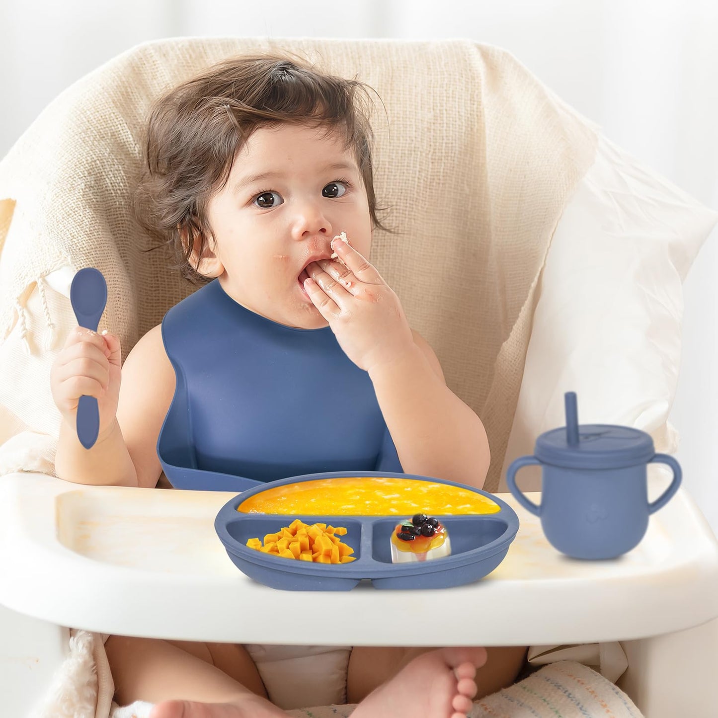 Dormlony 100% Silicone Baby Feeding Set,BPA Free Baby Dishes Set with Suction Bowl Divided Plate,Toddler Self Feeding Dish Set with Spoons Forks Sippy Cup and Bib, Baby Eating Utensils (Navy Blue)