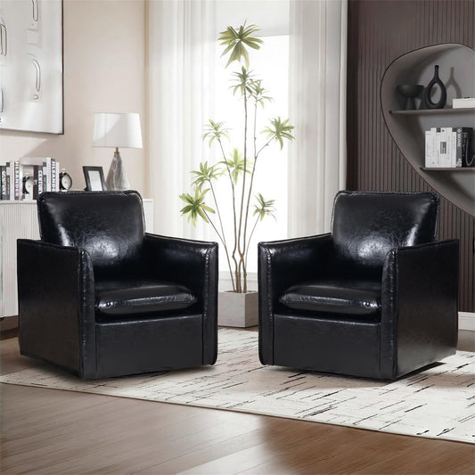 binzida PU Leather Living Room Chairs Set of 2, 360 Degree Swivel Comfy Modern Accent Chair with Pillows, Upholstered Armchair with Metal Base, Single Sofa for Bedroom Apartment Office, Black