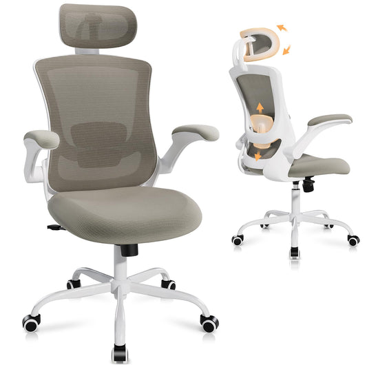 Ergonomic Office Chair with Adjustable Lumbar Support & Headrest, High Back Mesh Desk Chair with Flip-Up Armrests, Breathable & Comfortable Computer Chair for Home, Office & Study –Khaki
