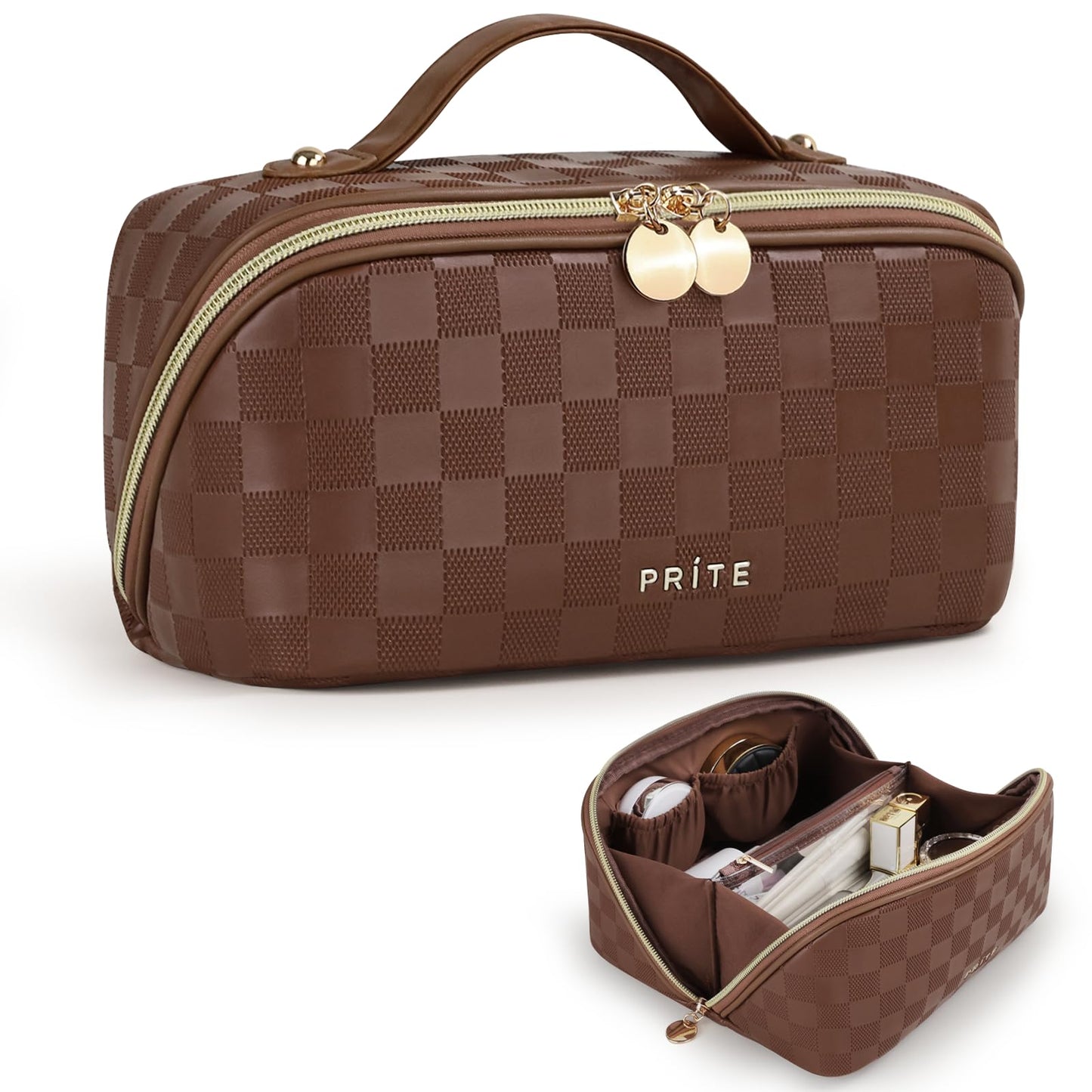 Prite Makeup Bag for Women Travel Waterproof Vegan Leather Cosmetic Bag Open Flat Toiletry Bag With Clear Divider and Handle (Large Beige)