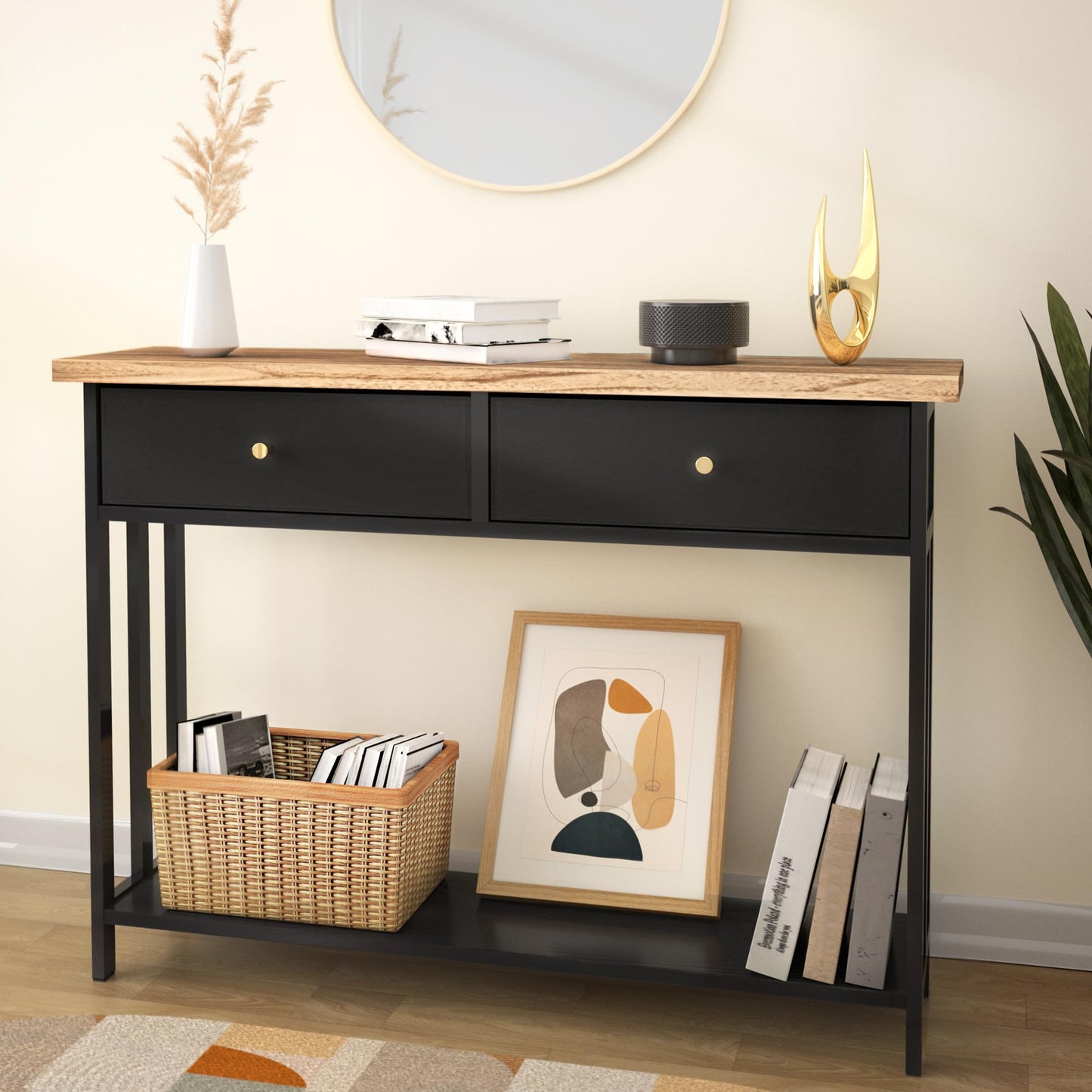 FLYJOE Solid Wood Console Table with 2 Fabric Drawers, 42" Entryway Table with Storage Shelves, Sofa Table for Entryway, Hallway, Living Room, Kitchen or Behind Couch in Foyer, Black