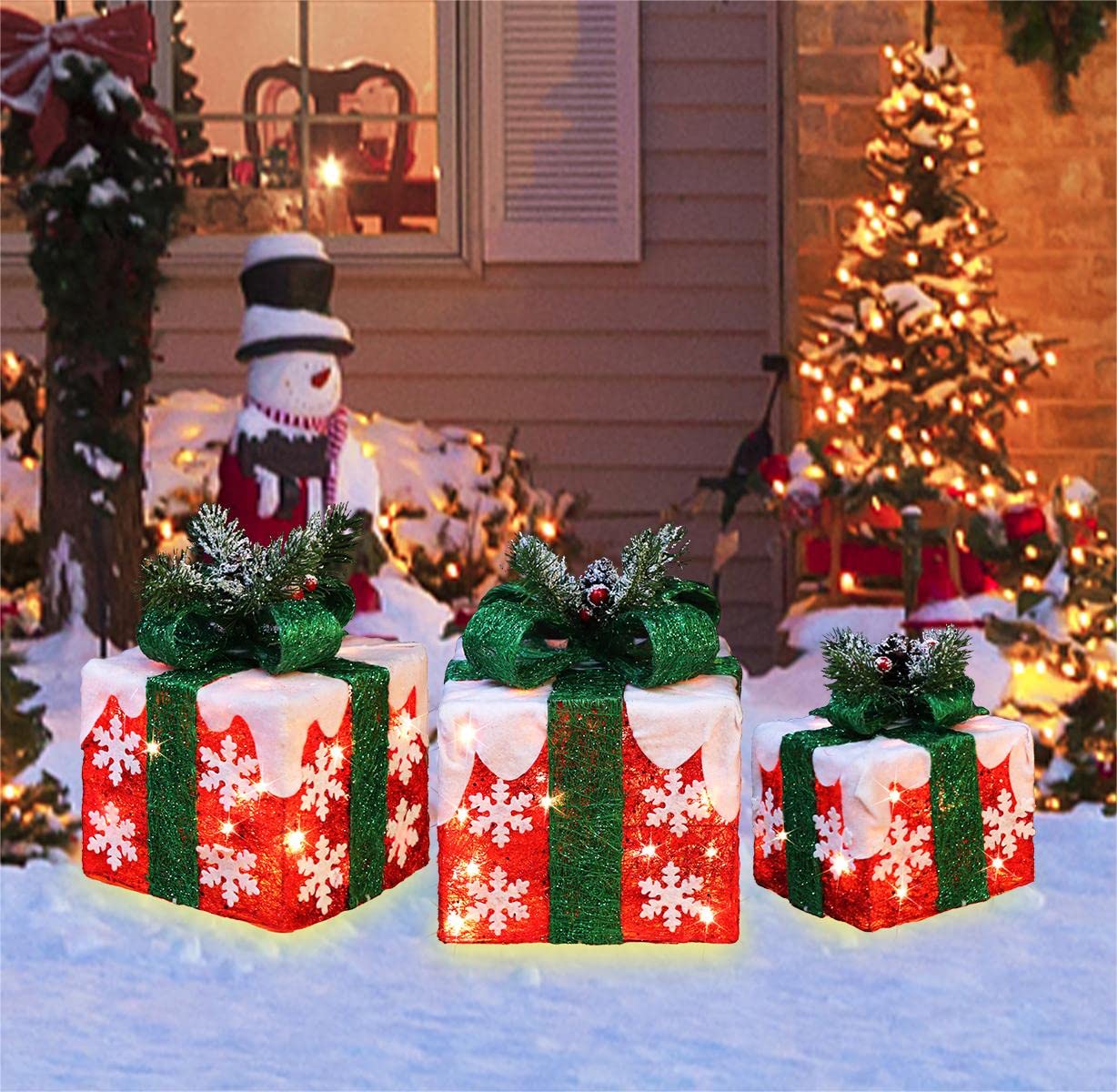 GLOWNOVA [Large 10"x8.5"x6.5" Christmas Set of 3 Lighted Gift Boxes Decorations Pre-lit 70 Super-Bright LED with Flashers,for Indoor Outdoor Christmas Tree Skirt Ornament Pathway Holiday Party Home