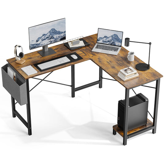 DUMOS L Shaped Desk Computer Gaming Corner Table 50 Inch Home Office Writing Student Work PC Workstation with Side Storage Bag CPU Stand for Bedroom Small Spaces
