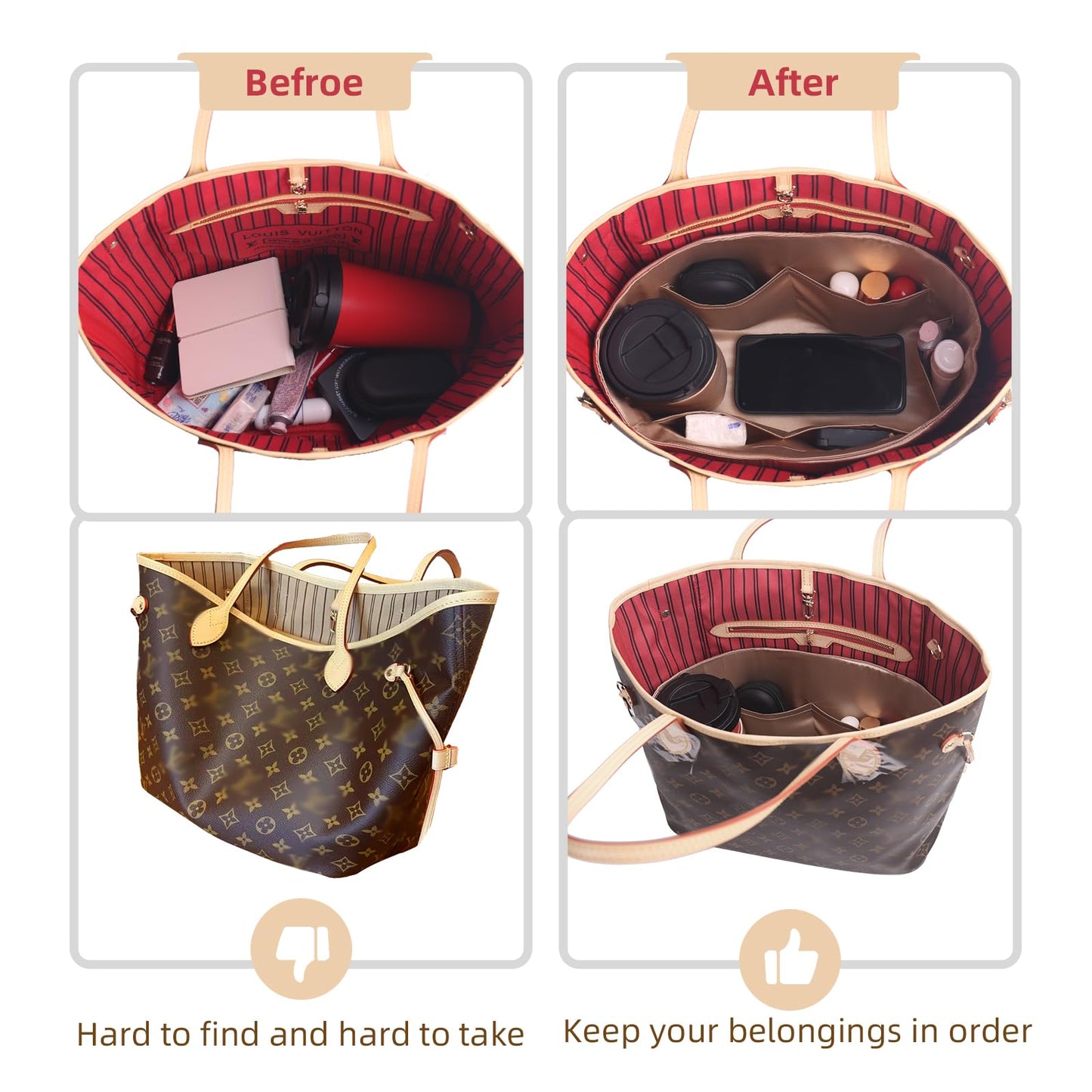 Ovignee Purse Organizer Insert For Handbags, Silk Purse Organizer with Zipper, Silky Smooth Bag Organizer, Luxury Handbag & Tote Shape, Beige