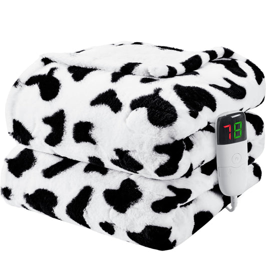 Cow Print Heated Electric Blanket Throw,50X60 Black Heating Blanket with 10 Heats Levels & 8 Hours Auto Off,Cute Cow Decor Stuff Soft Fleece Sherpa Blankets Warmer Gifts for Women Washable,ETL