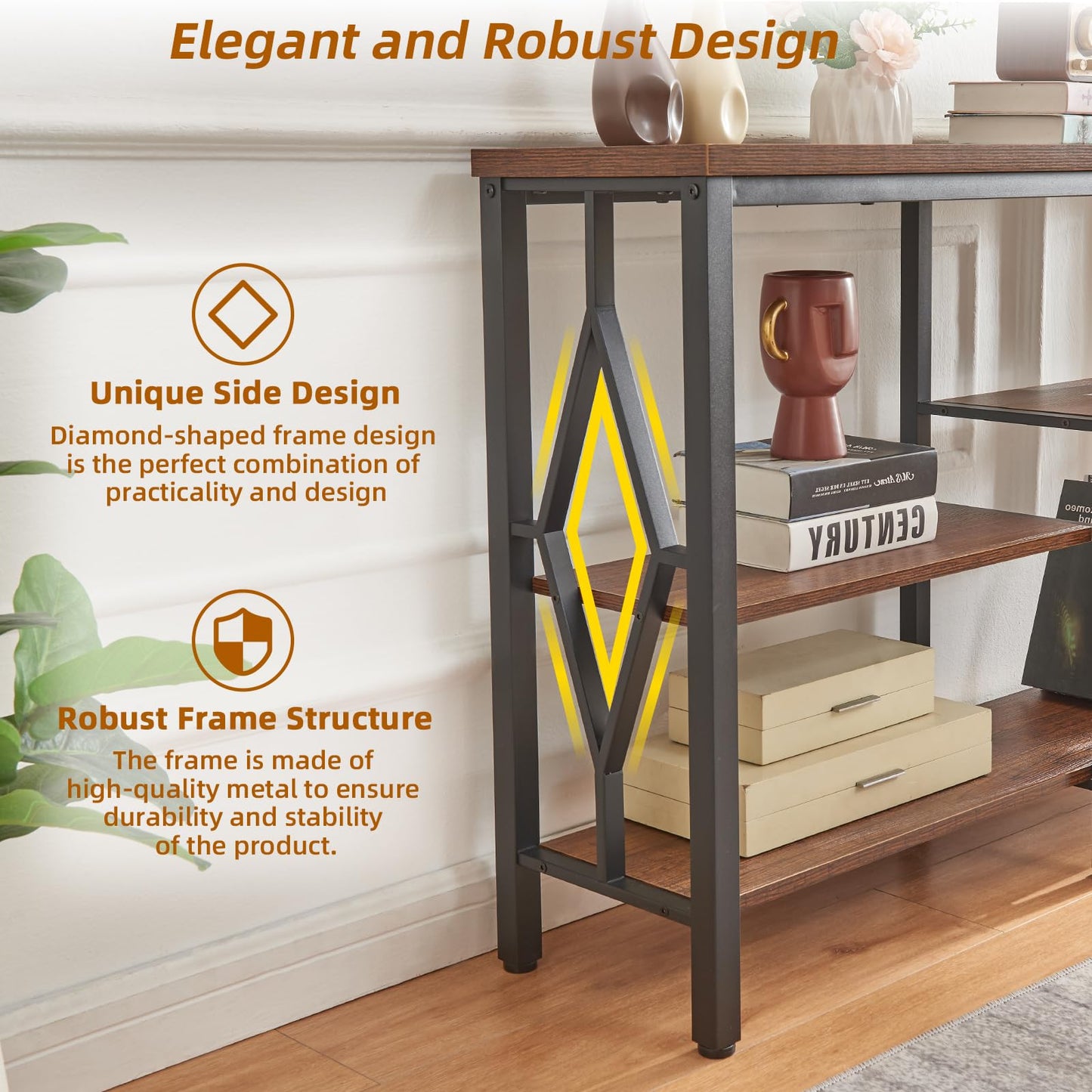 HOMBAZAAR Console Sofa Table, Rustic Entryway Table with Metal Frame and Open Shelves, Industrial Hallway Table with 3 Tier for Entry, Living Room, Foyer,Brown,47 inch