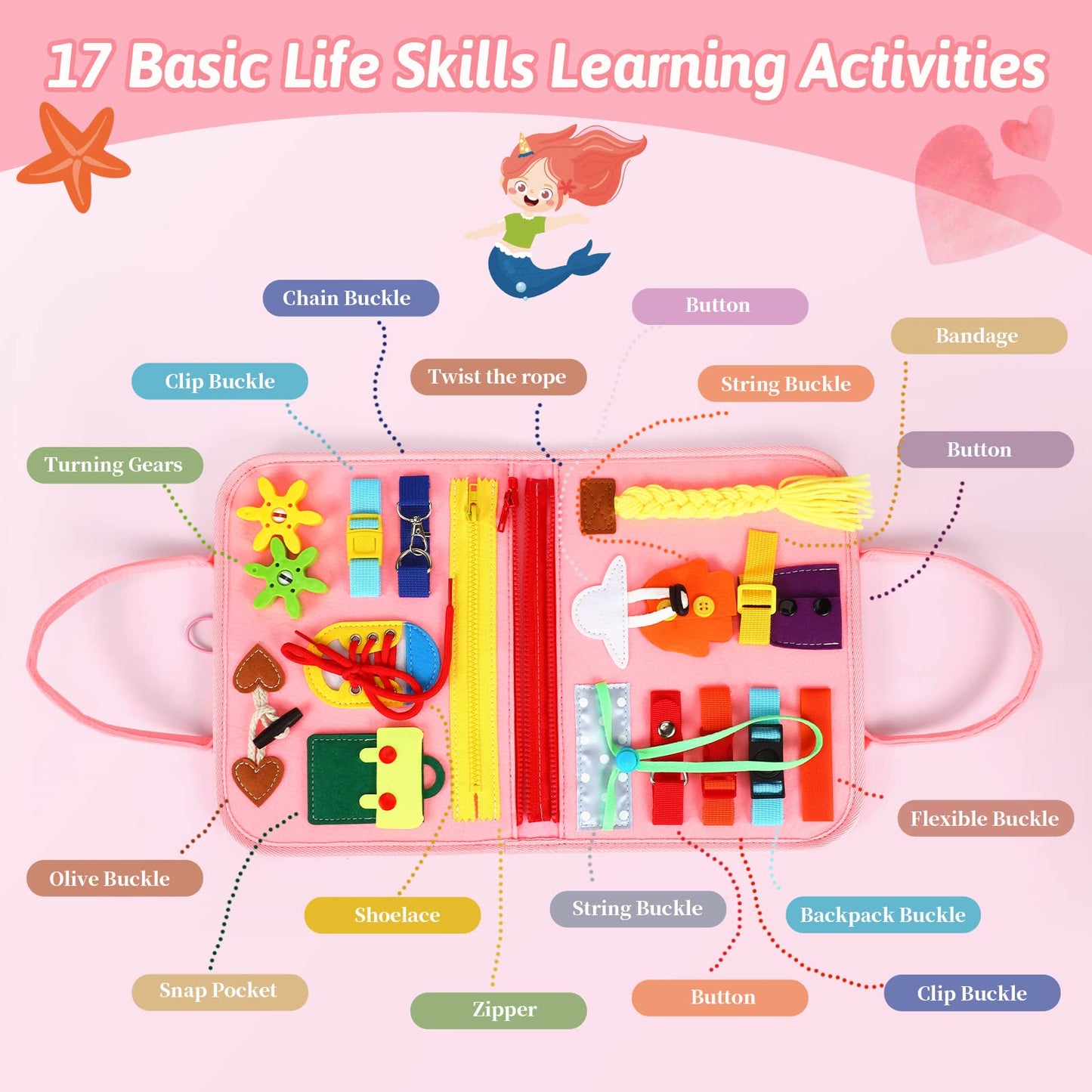 8 in 1 Toddler Busy Board for 1 Years Old, Montessori Toy Busy Book for Toddlers 1-3 Educational Learning Toy Activity for Basic Motor Skills, Kid Travel Essential 2-4 Yr Birthday Gift for Girl(Pink)