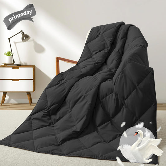 Deodar Natural Down Fiber Throw Blanket Couch, Sofa Down Fiber Blanket Throw Outdoor Lightweight Peach Skin Fabric, 50"X70", Black