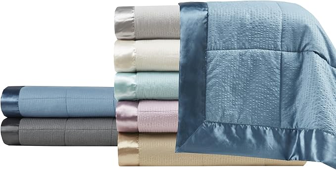 Madison Park Cambria Down Alternative Blanket, Premium 3M Scotchgard Moisture Wicking Treatment, Lightweight and Soft Bed Cover For Summer with Satin Trim, Oversized King Slate Blue