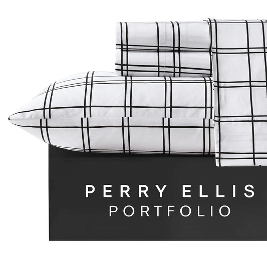 Perry Ellis Portfolio - Sheet Set, Wrinkle Resistant Bedding with Matching Pillowcases, Lightweight & Breathable Sheets, Dorm Room Essentials, Plaid Home Decor (Malo White/Black, King)