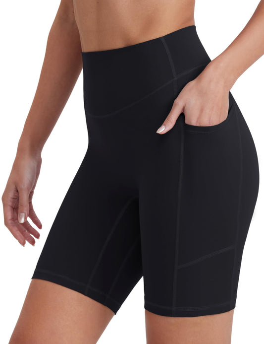 ENERBLOOM Biker Shorts for Women with Pockets, 5"/8" Spandex Workout Shorts, Lightweight for Summer Cycling Running Yoga Gym Black Large