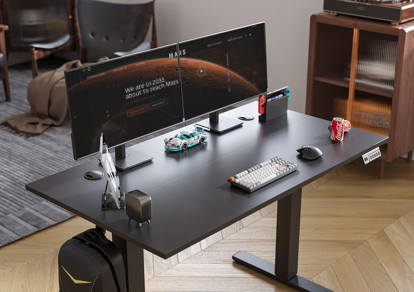 Seang Electric Standing Desk Adjustable Height, 55 x 24 Inch Sit Stand Desk with T-Shaped Frame, 3 Memory Presets & Cable Management for Home Office Computer Workstation, Black Frame/Black Top