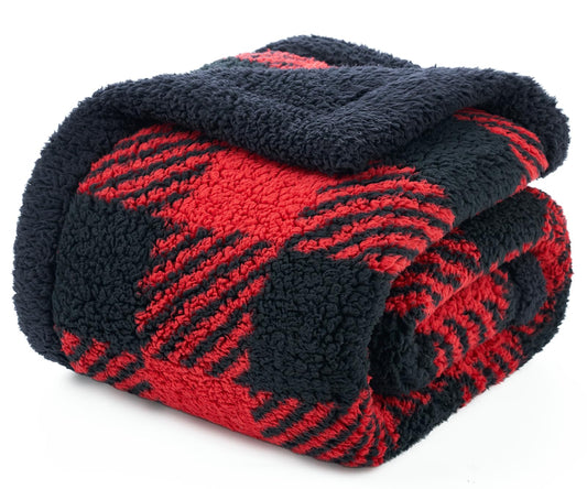 Cozy Bliss Ultra Soft Reversible Double Sherpa Sided Blanket, Buffalo Plaid Throw Blanket Fluffy Thick Warm Plush Fuzzy Blanket for Couch, Bed and Gifts (Red/Black Buffalo Check, 50" x 60")