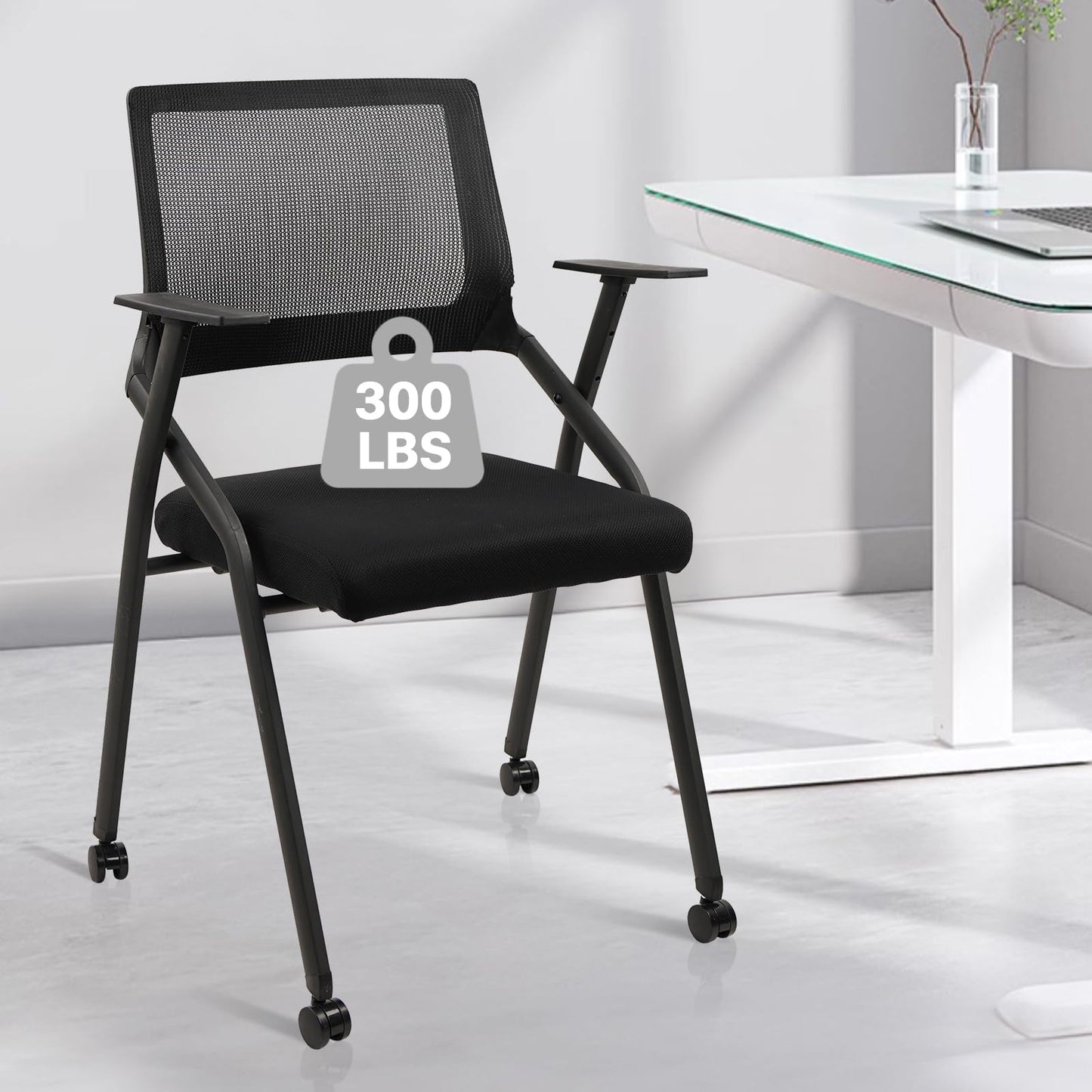 CLATINA Stackable Foldable Conference Room Chairs with Wheels, Portable Padded Office Desk Chair with Lumbar Support and Armrest for Training Room, Guest, Reception, Event, Black (1pk)