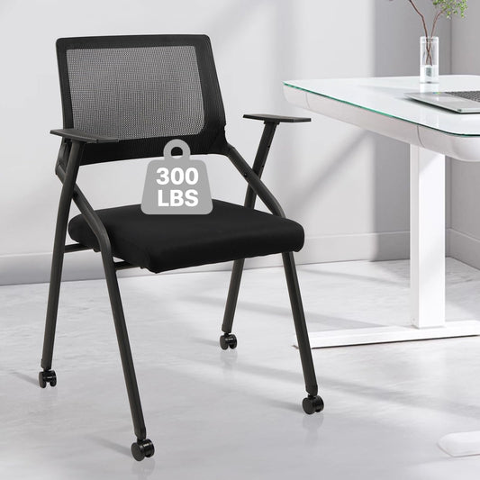 CLATINA Stackable Foldable Conference Room Chairs with Wheels, Portable Padded Office Desk Chair with Lumbar Support and Armrest for Training Room, Guest, Reception, Event, Black (1pk)