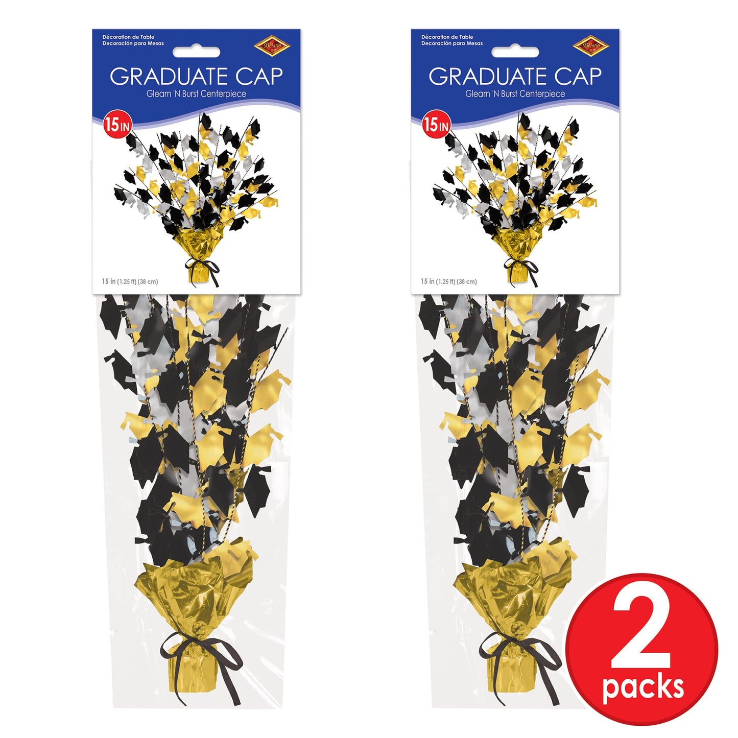 Beistle 2-Pack Metallic Gleam ’N Burst Centerpiece, Black/Gold/Silver Table Decor for Graduation Party with Mini Grad Caps, Tableware Decorations, 15"