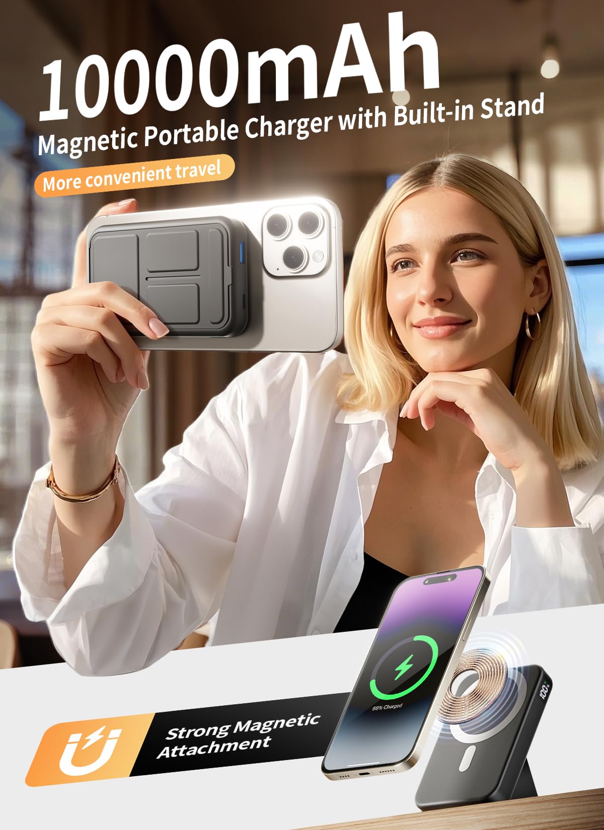 Gxorul Magnetic Portable Charger, 10000mAh Wireless Power Bank with 20W USB-C Fast Charging, Foldable Stand & LED Display Magnetic Battery Pack, Compatible with iPhone 16/15/14/13/12 All Series