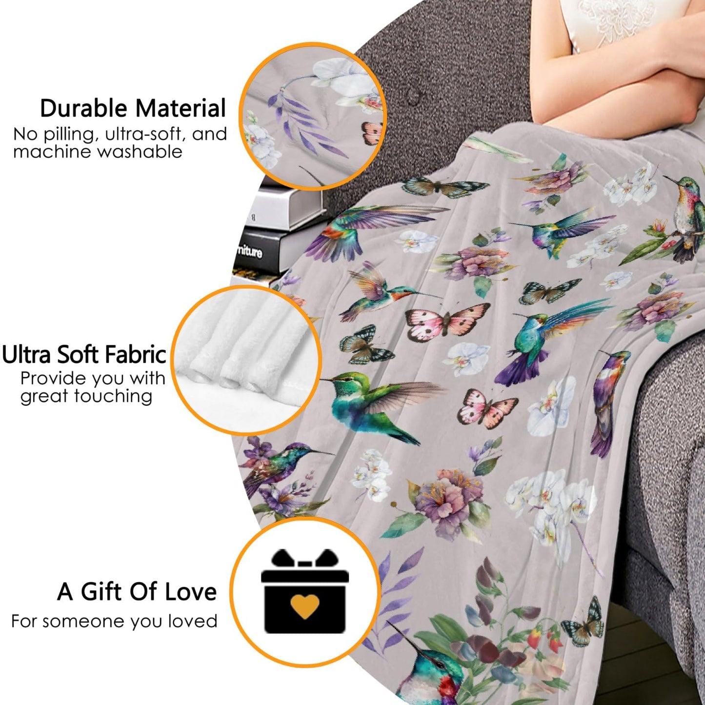 Hummingbird Throw Blanket Butterfly Hummingbirds Theme Blanket for Women Girls Hummingbird Gifts for Bird Lovers Bird Flower Blanket for Couch Bed Outdoor 40"x50"for Kids/Child