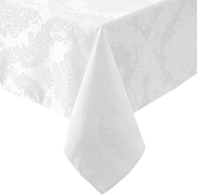 Newbridge Barcelona Luxury Damask Fabric Tablecloth, 60” Wide x 84” Oval, White, 100% Polyester, No Iron, Soil Resistant Dining Room, Party and Banquet Table Cover
