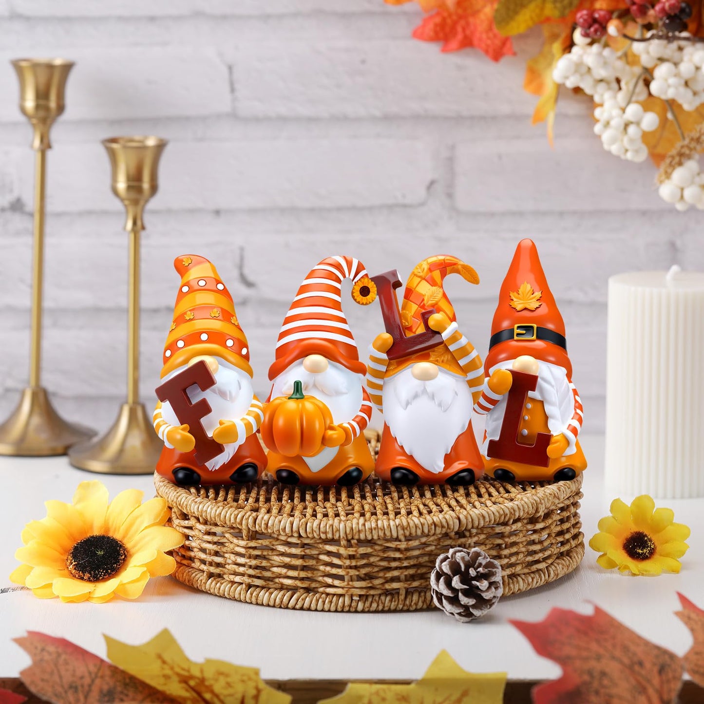 ShinyRelief 4 Pcs Fall Figurines Resin Gnome Tabletop Autumn Sculpture Decoration Maple Leaf Pumpkin Sunflower Table Centerpiece for Dining Room Home Party Supplies Gifts Decor