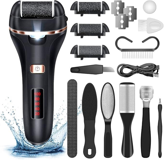 Electric Callus Remover for Feet,Rechargeable Foot File Hard Skin Remover,Waterproof 14 in1 Professional Pedicure Kit for Cracked Heels &Dead Skin,with 3 Roller Heads 2 Speed, Battery Display
