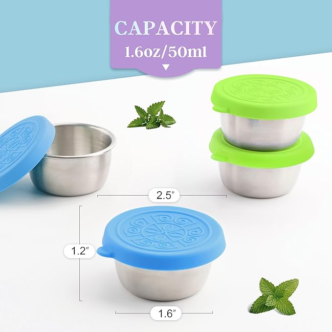 6x1.6 Oz Salad Dressing Containers With Lids, Small Leakproof Reusable Stainless Steel Salad Dressing Container To Go For Lunch Boxes,Sauce containers, Picnics,Travel Meal Prep And Kitchen Storage.