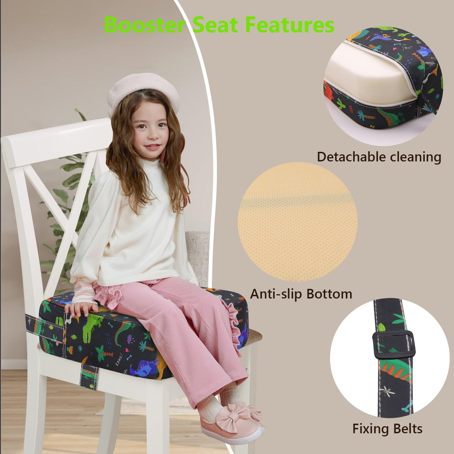 Booster Seat for Kitchen Chair - Toddler Non-Slip Portable Height Increasing Strong Support Seat Cushion Comfortable Detachable Easy to Clean Washable Booster Seat for Dining Table