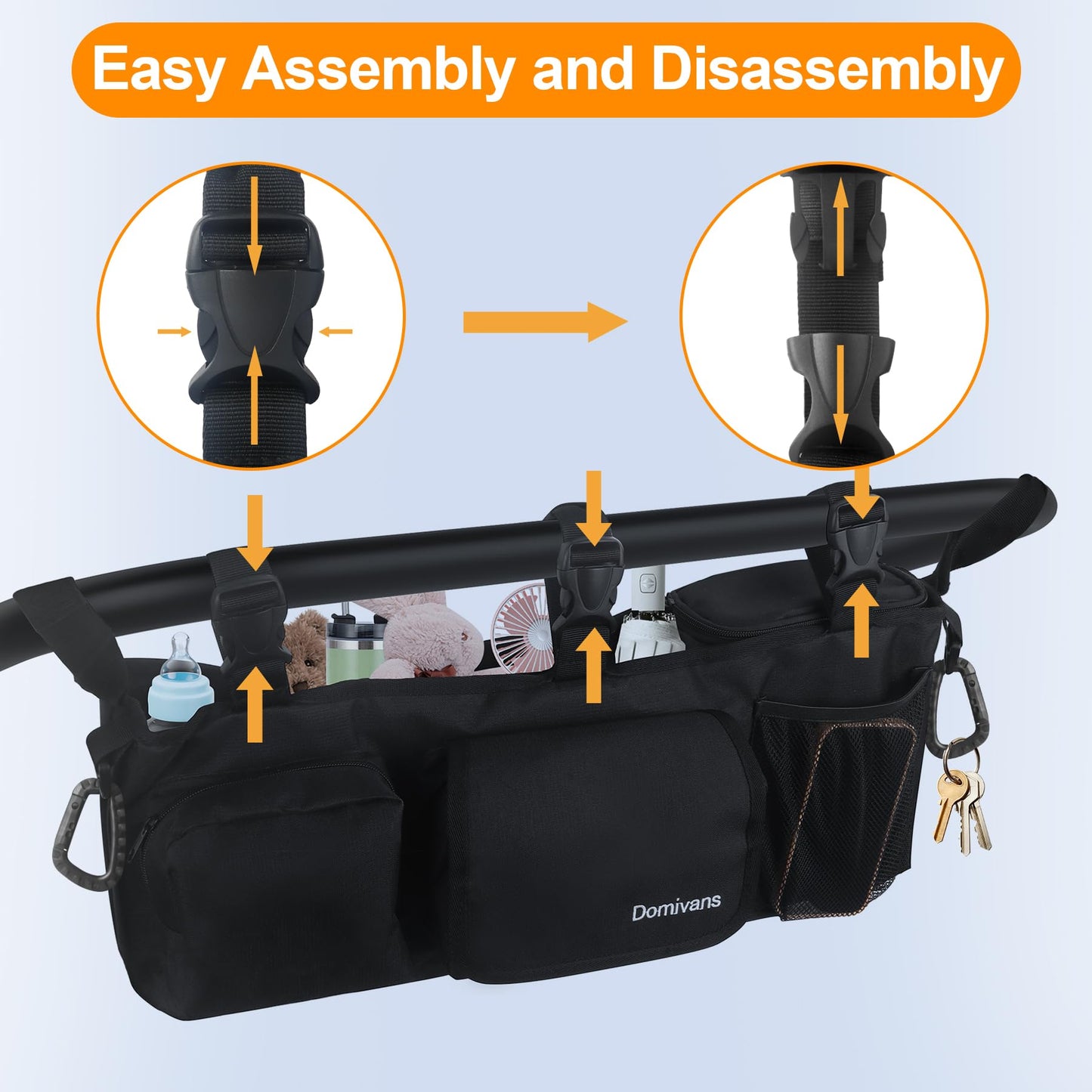 Domivans Double Stroller Organizer,Double Stroller Caddy for Bob Duallie and Baby Jogger City Mini GT2,Extra Large Double Baby Stroller Accessories with Cup Holder,Black(Empty Bag)